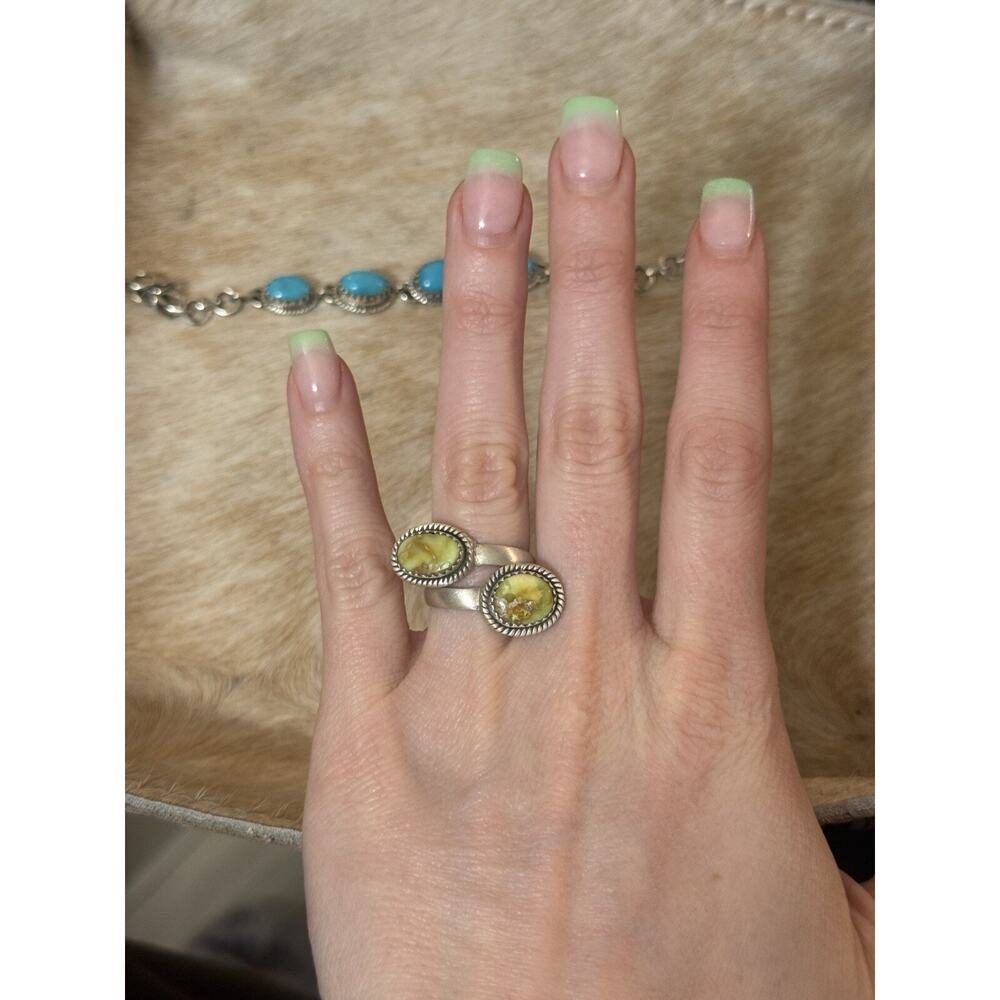 925 Southwest Sterling Double Stone Yellow Green Palomino Turquoise Bypass Ring